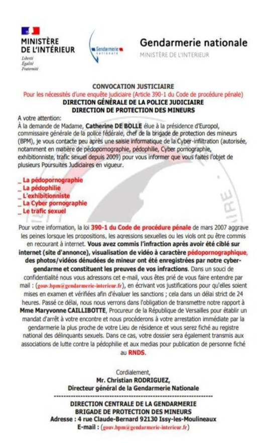 Faux courrier du MINISTÈRE DE L’INTÉRIEUR