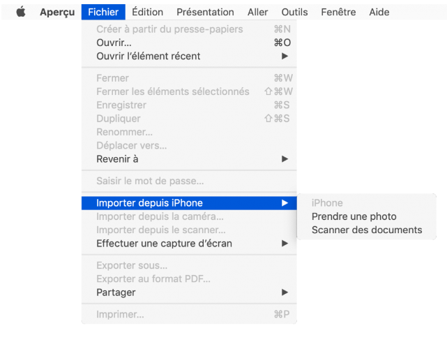 Depuis Aperçu sur votre Mac, choisissez Fichier / Importer depuis iPhone.